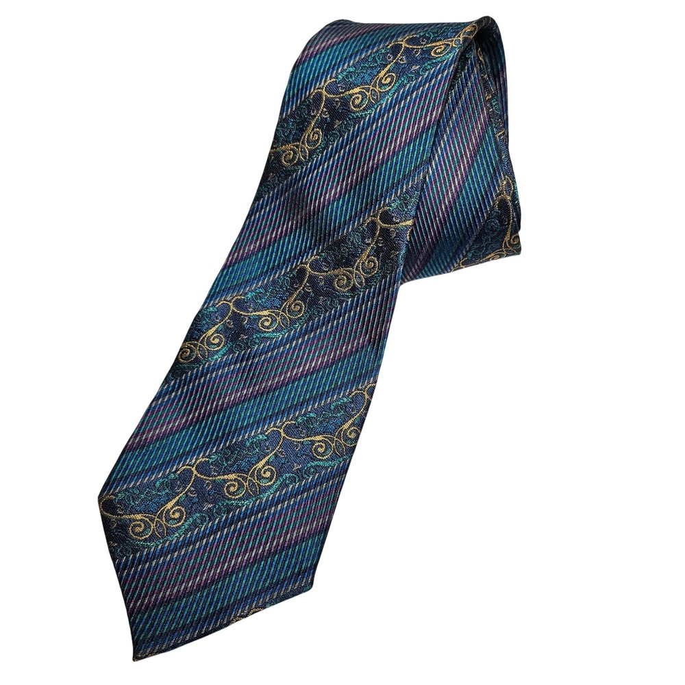 Enrico Coveri Mens Silk Tie Made in Italy‎ Teal Purple Striped Gold Scrollwork